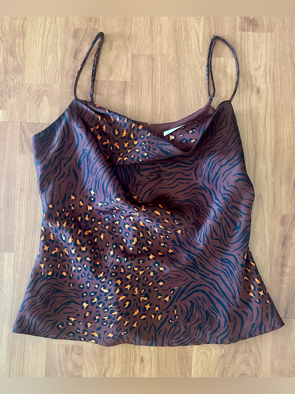 ASTR the label Brown Animal Print Cowl Neck Silky Satin Cami Tank Top